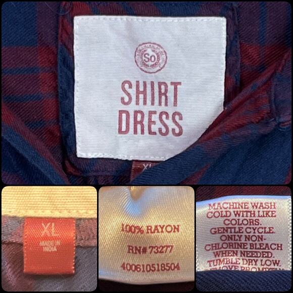 SO Long Sleeve Roll Tab Shirt Dress Pockets Size XL Red Blue Plaid - Picture 8 of 12